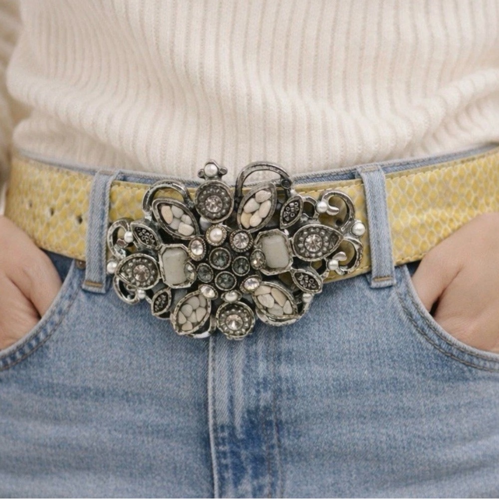 Leather Rock Yellow Snakeskin Belt Jeweled Statement Buckle Boho Western Sz 30